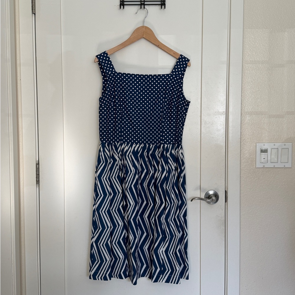 Modcloth Bea & Dot Navy Blue Polka Dot Chevron Midi Dress w/ pockets Large